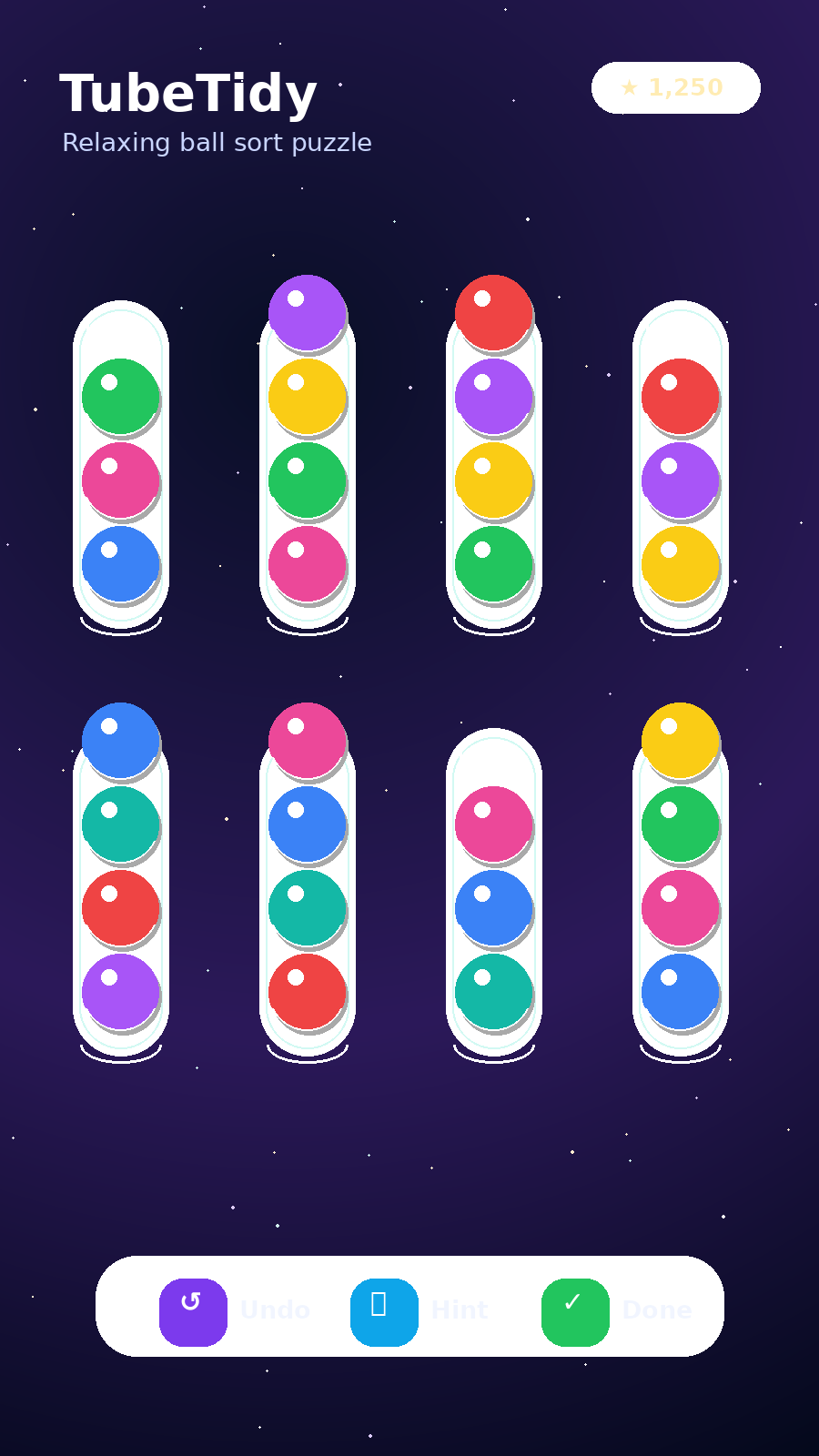 TubeTidy Android gameplay screenshot showing colorful balls in glass tubes